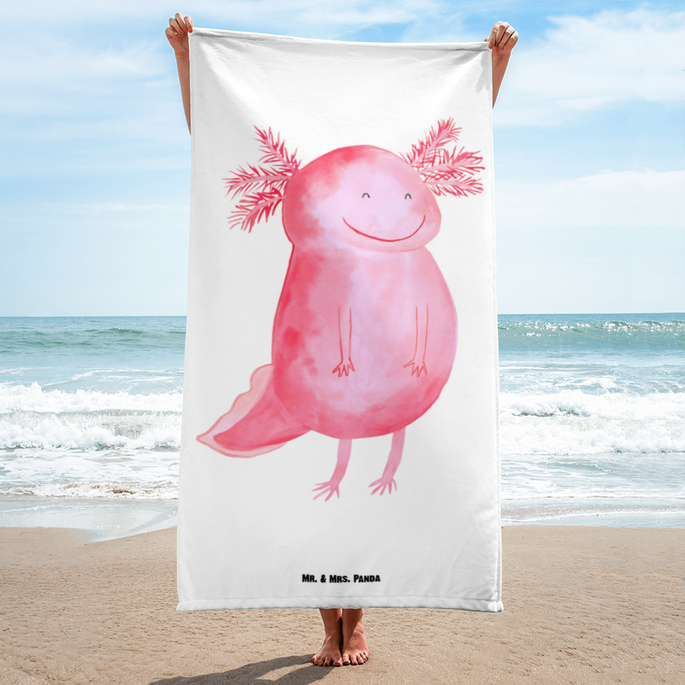 XL Badehandtuch Axolotl glücklich Handtuch, Badetuch, Duschtuch, Strandtuch, Saunatuch, Axolotl, Molch, Axolot, Schwanzlurch, Lurch, Lurche, Motivation, gute Laune