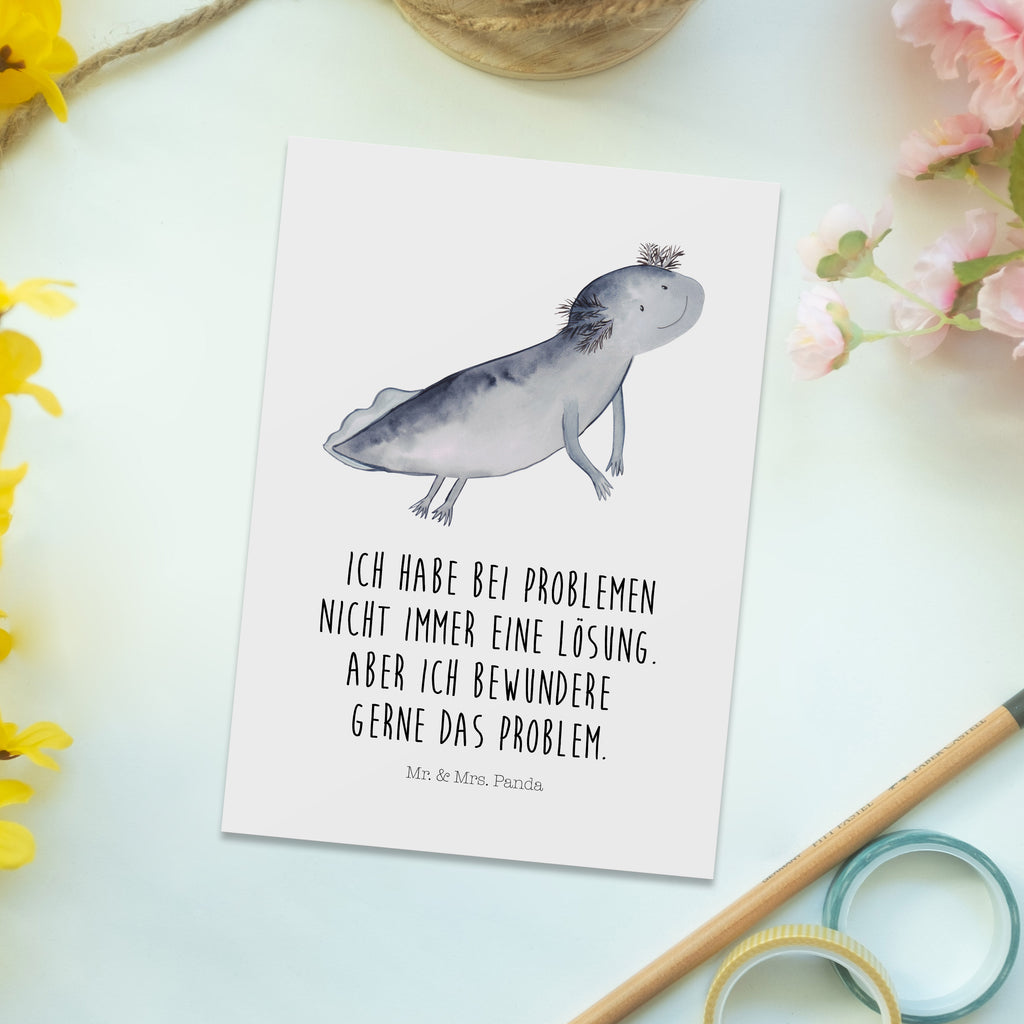 Postkarte Axolotl schwimmt Geschenkkarte, Grußkarte, Karte, Einladung, Ansichtskarte, Geburtstagskarte, Einladungskarte, Dankeskarte, Axolotl, Molch, Axolot, Schwanzlurch, Lurch, Lurche, Problem, Probleme, Lösungen, Motivation