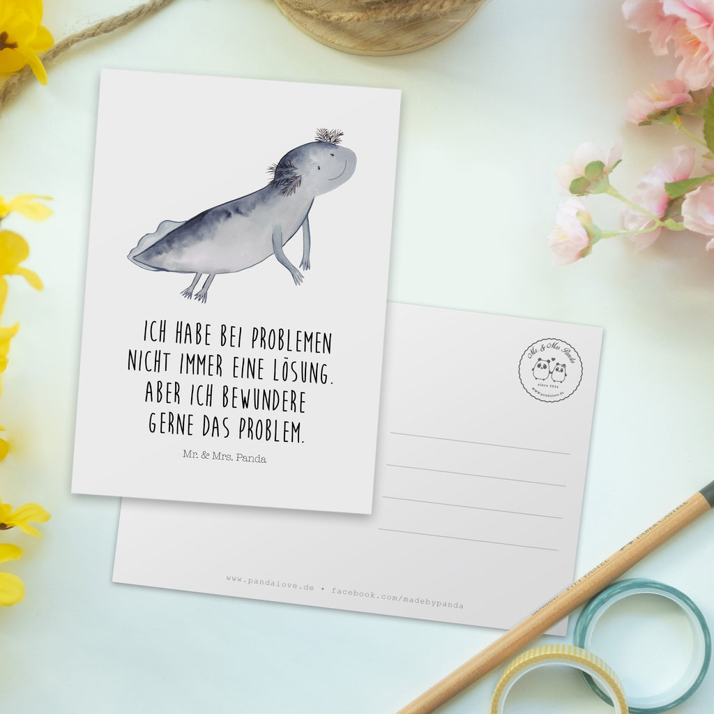 Postkarte Axolotl schwimmt Geschenkkarte, Grußkarte, Karte, Einladung, Ansichtskarte, Geburtstagskarte, Einladungskarte, Dankeskarte, Axolotl, Molch, Axolot, Schwanzlurch, Lurch, Lurche, Problem, Probleme, Lösungen, Motivation