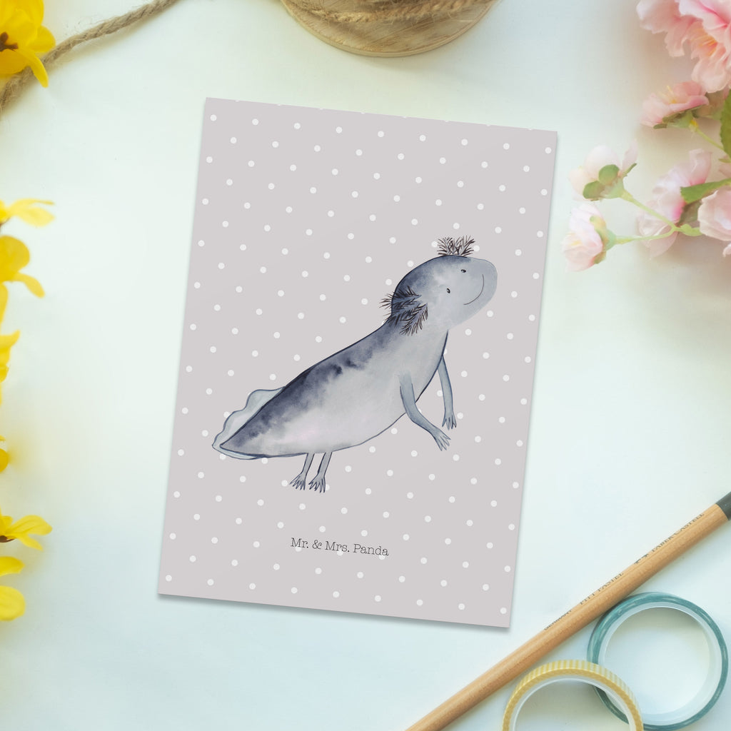 Postkarte Axolotl schwimmt Geschenkkarte, Grußkarte, Karte, Einladung, Ansichtskarte, Geburtstagskarte, Einladungskarte, Dankeskarte, Axolotl, Molch, Axolot, Schwanzlurch, Lurch, Lurche, Problem, Probleme, Lösungen, Motivation