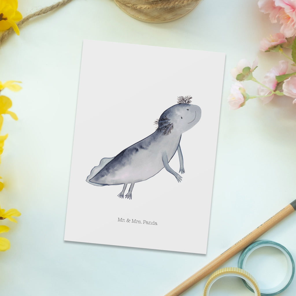 Postkarte Axolotl schwimmt Geschenkkarte, Grußkarte, Karte, Einladung, Ansichtskarte, Geburtstagskarte, Einladungskarte, Dankeskarte, Axolotl, Molch, Axolot, Schwanzlurch, Lurch, Lurche, Problem, Probleme, Lösungen, Motivation