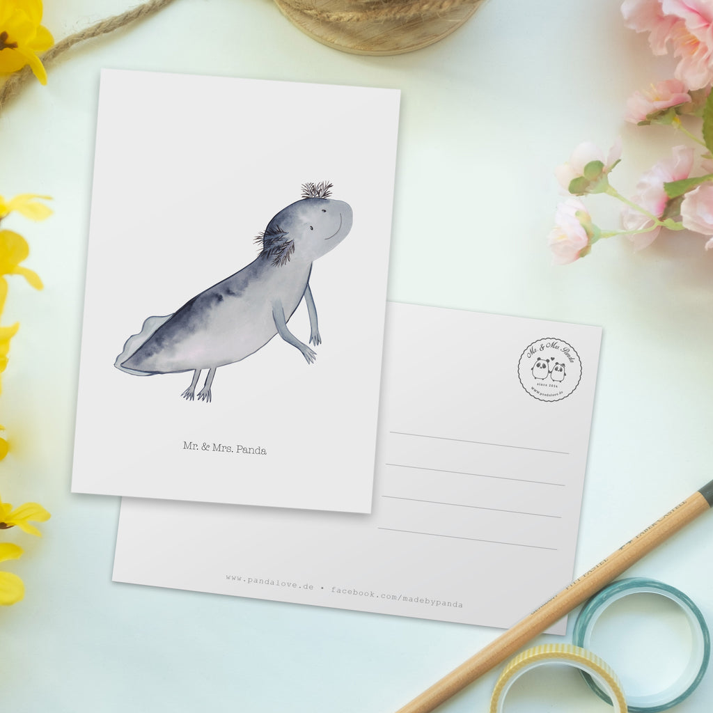 Postkarte Axolotl schwimmt Geschenkkarte, Grußkarte, Karte, Einladung, Ansichtskarte, Geburtstagskarte, Einladungskarte, Dankeskarte, Axolotl, Molch, Axolot, Schwanzlurch, Lurch, Lurche, Problem, Probleme, Lösungen, Motivation
