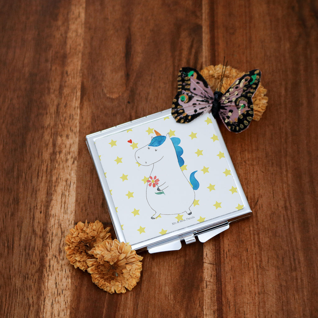 Handtaschenspiegel quadratisch Einhorn Spaziergang Spiegel, Handtasche, Quadrat, silber, schminken, Schminkspiegel, Einhorn, Einhörner, Einhorn Deko, Pegasus, Unicorn, Glitzer, Blumen, Spaziergang, Motivation, Gute Laune, Freude, Freundin, Mutter, Schwester