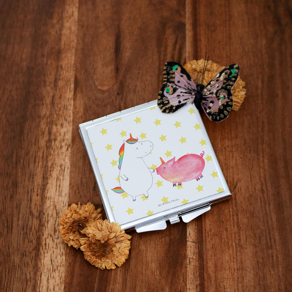 Handtaschenspiegel quadratisch Einhorn + Schweinhorn Spiegel, Handtasche, Quadrat, silber, schminken, Schminkspiegel, Einhorn, Einhörner, Einhorn Deko, Pegasus, Unicorn, Freundschaft, Schweinhorn, Schwein, Freundin, Schweinchen