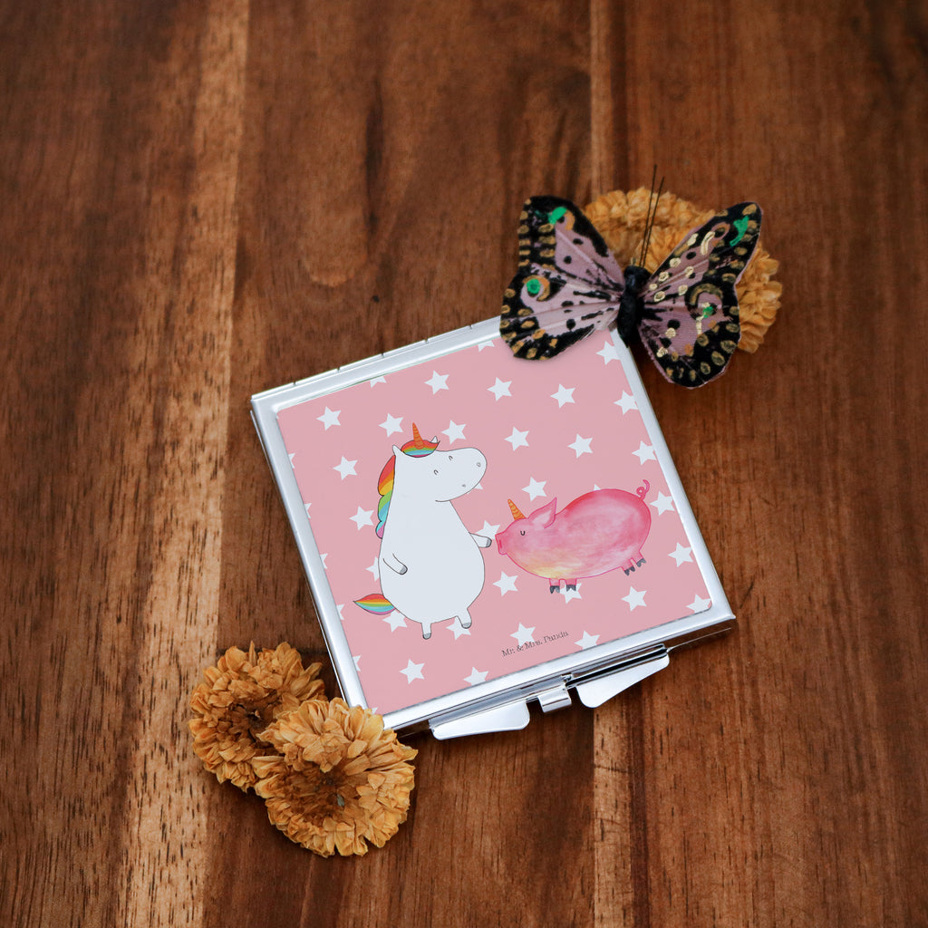 Handtaschenspiegel quadratisch Einhorn + Schweinhorn Spiegel, Handtasche, Quadrat, silber, schminken, Schminkspiegel, Einhorn, Einhörner, Einhorn Deko, Pegasus, Unicorn, Freundschaft, Schweinhorn, Schwein, Freundin, Schweinchen