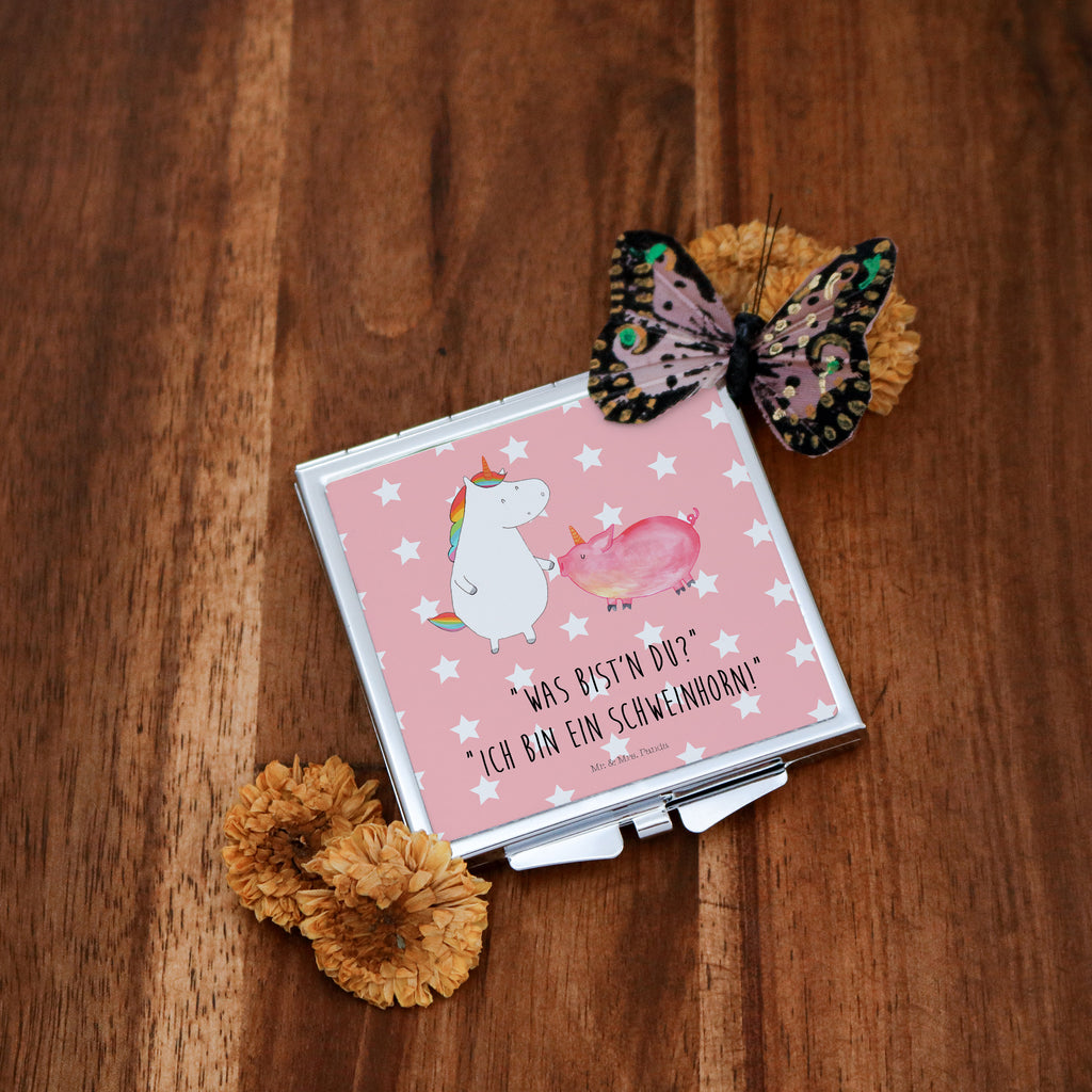 Handtaschenspiegel quadratisch Einhorn + Schweinhorn Spiegel, Handtasche, Quadrat, silber, schminken, Schminkspiegel, Einhorn, Einhörner, Einhorn Deko, Pegasus, Unicorn, Freundschaft, Schweinhorn, Schwein, Freundin, Schweinchen
