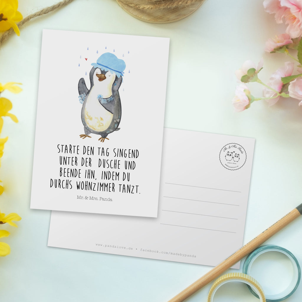 Postkarte Pinguin duscht Geschenkkarte, Grußkarte, Karte, Einladung, Ansichtskarte, Geburtstagskarte, Einladungskarte, Dankeskarte, Pinguin, Pinguine, Dusche, duschen, Lebensmotto, Motivation, Neustart, Neuanfang, glücklich sein