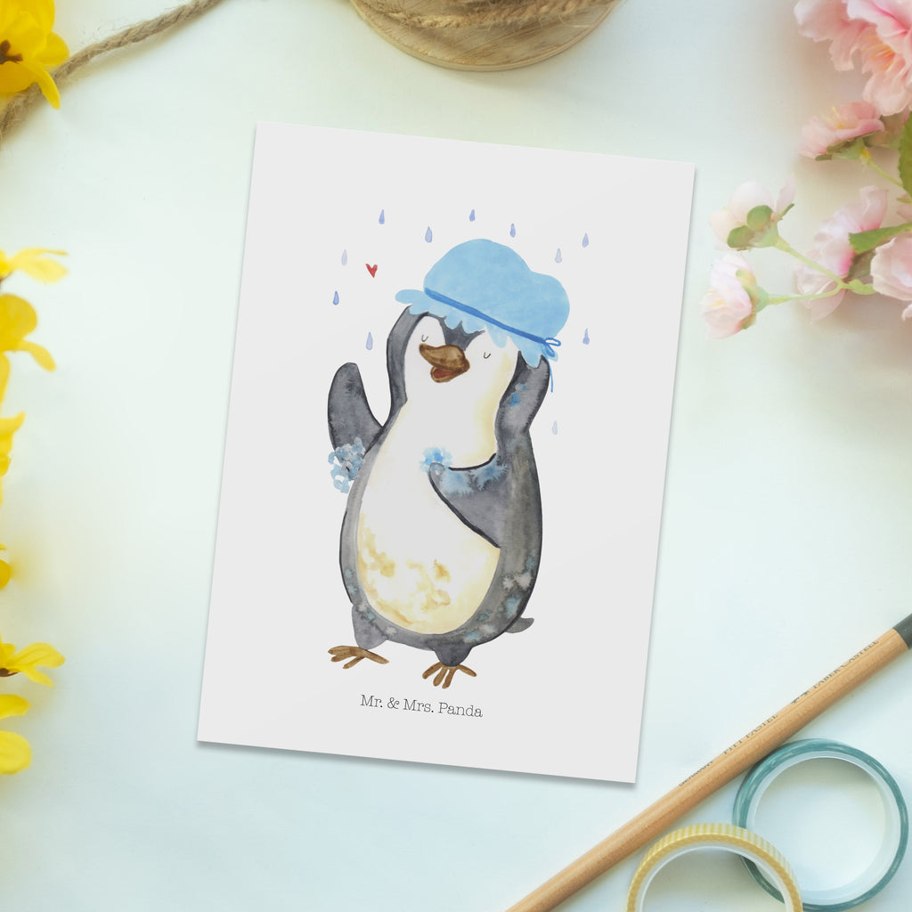 Postkarte Pinguin duscht Geschenkkarte, Grußkarte, Karte, Einladung, Ansichtskarte, Geburtstagskarte, Einladungskarte, Dankeskarte, Pinguin, Pinguine, Dusche, duschen, Lebensmotto, Motivation, Neustart, Neuanfang, glücklich sein