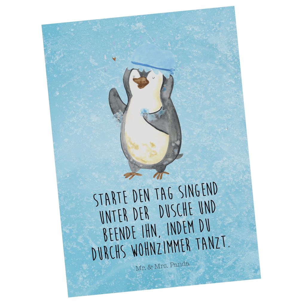 Postkarte Pinguin duscht Geschenkkarte, Grußkarte, Karte, Einladung, Ansichtskarte, Geburtstagskarte, Einladungskarte, Dankeskarte, Pinguin, Pinguine, Dusche, duschen, Lebensmotto, Motivation, Neustart, Neuanfang, glücklich sein