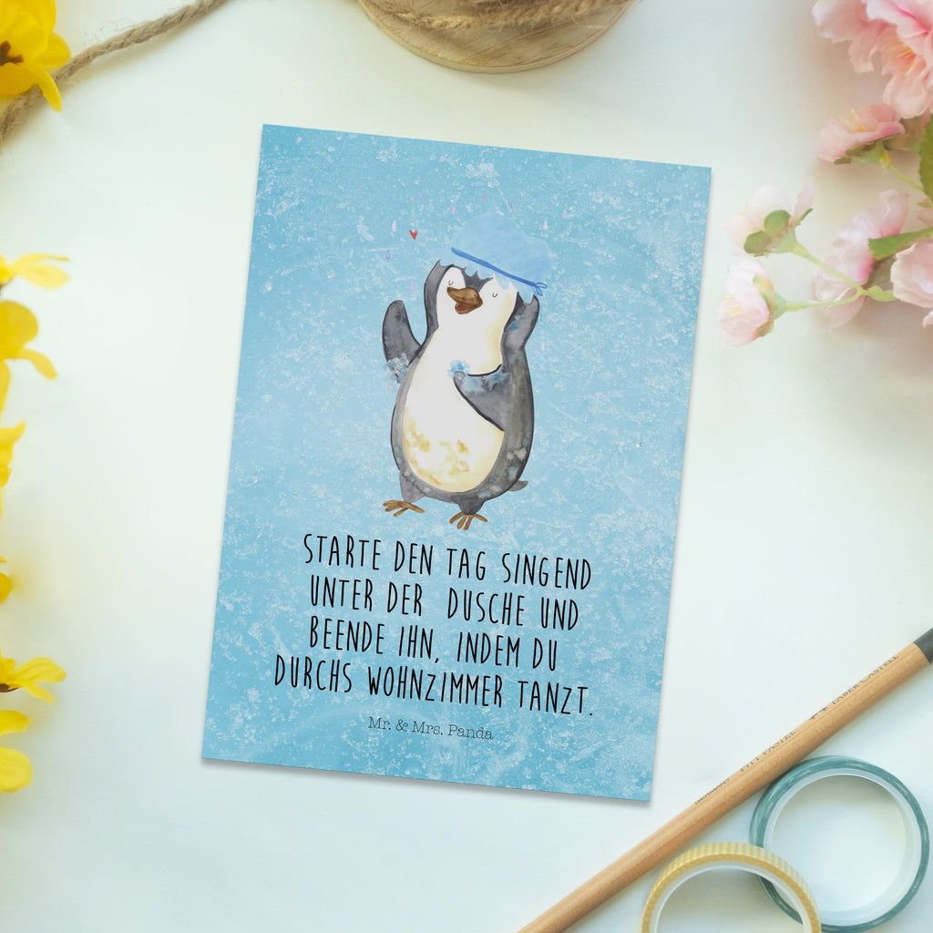 Postkarte Pinguin duscht Geschenkkarte, Grußkarte, Karte, Einladung, Ansichtskarte, Geburtstagskarte, Einladungskarte, Dankeskarte, Pinguin, Pinguine, Dusche, duschen, Lebensmotto, Motivation, Neustart, Neuanfang, glücklich sein