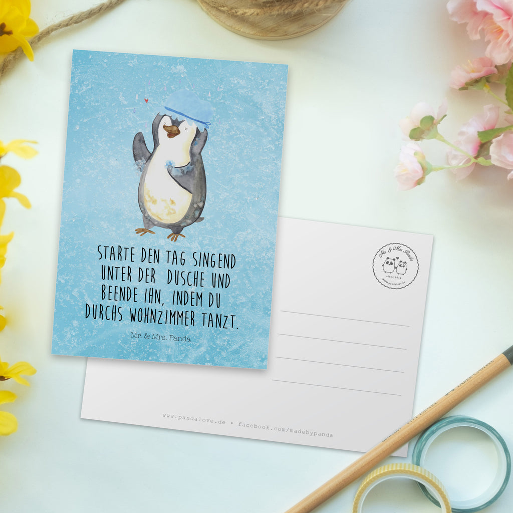 Postkarte Pinguin duscht Geschenkkarte, Grußkarte, Karte, Einladung, Ansichtskarte, Geburtstagskarte, Einladungskarte, Dankeskarte, Pinguin, Pinguine, Dusche, duschen, Lebensmotto, Motivation, Neustart, Neuanfang, glücklich sein