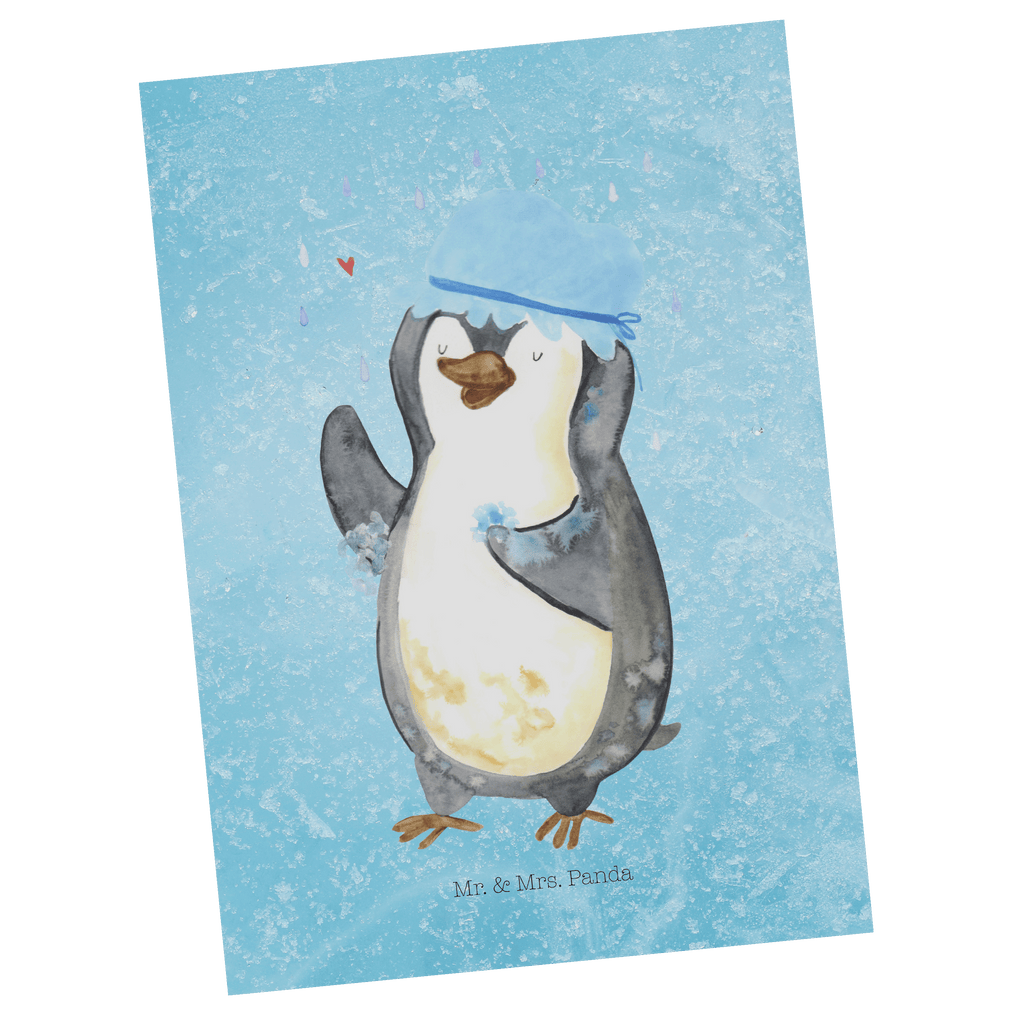 Postkarte Pinguin duscht Geschenkkarte, Grußkarte, Karte, Einladung, Ansichtskarte, Geburtstagskarte, Einladungskarte, Dankeskarte, Pinguin, Pinguine, Dusche, duschen, Lebensmotto, Motivation, Neustart, Neuanfang, glücklich sein