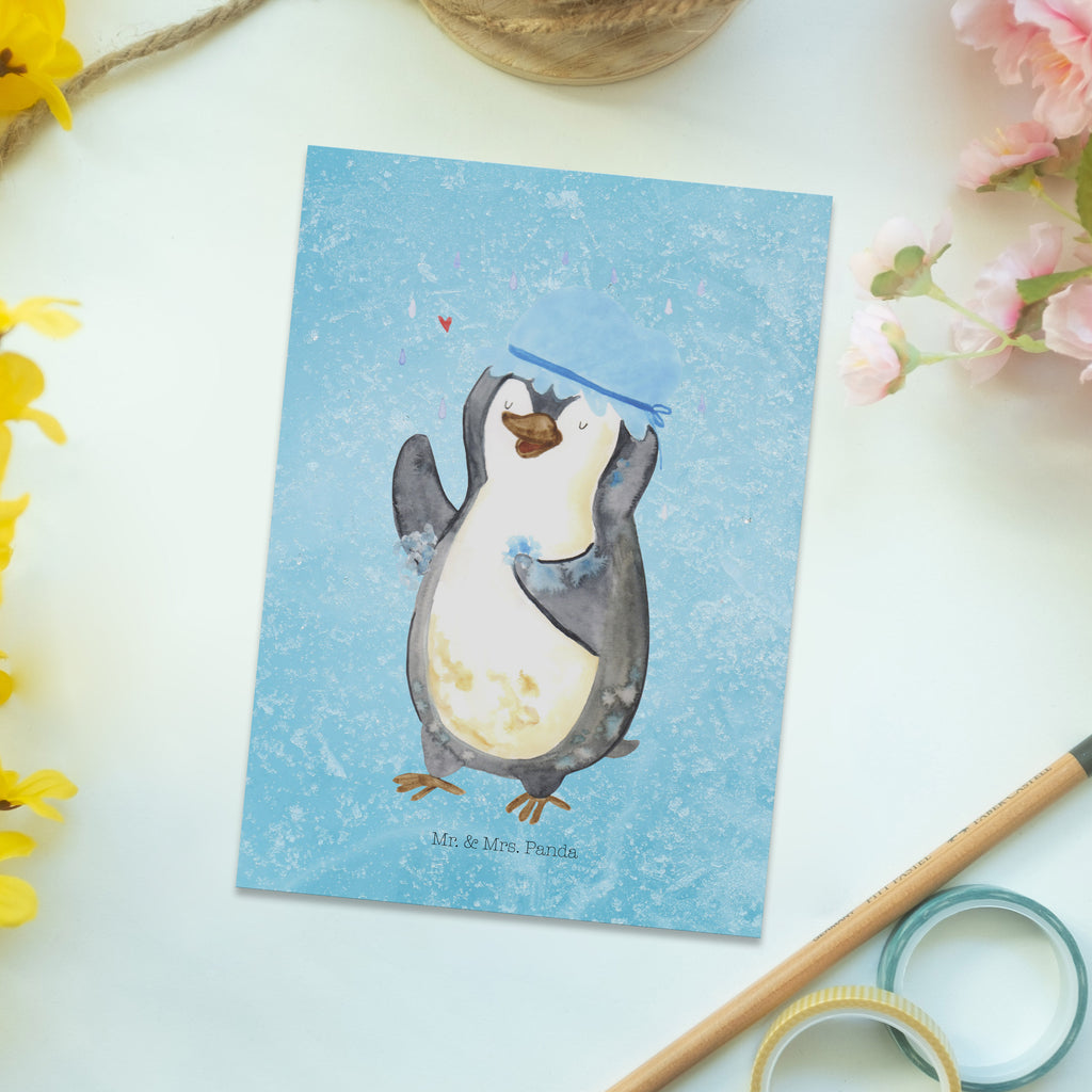 Postkarte Pinguin duscht Geschenkkarte, Grußkarte, Karte, Einladung, Ansichtskarte, Geburtstagskarte, Einladungskarte, Dankeskarte, Pinguin, Pinguine, Dusche, duschen, Lebensmotto, Motivation, Neustart, Neuanfang, glücklich sein