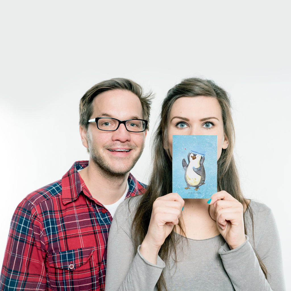 Postkarte Pinguin duscht Geschenkkarte, Grußkarte, Karte, Einladung, Ansichtskarte, Geburtstagskarte, Einladungskarte, Dankeskarte, Pinguin, Pinguine, Dusche, duschen, Lebensmotto, Motivation, Neustart, Neuanfang, glücklich sein