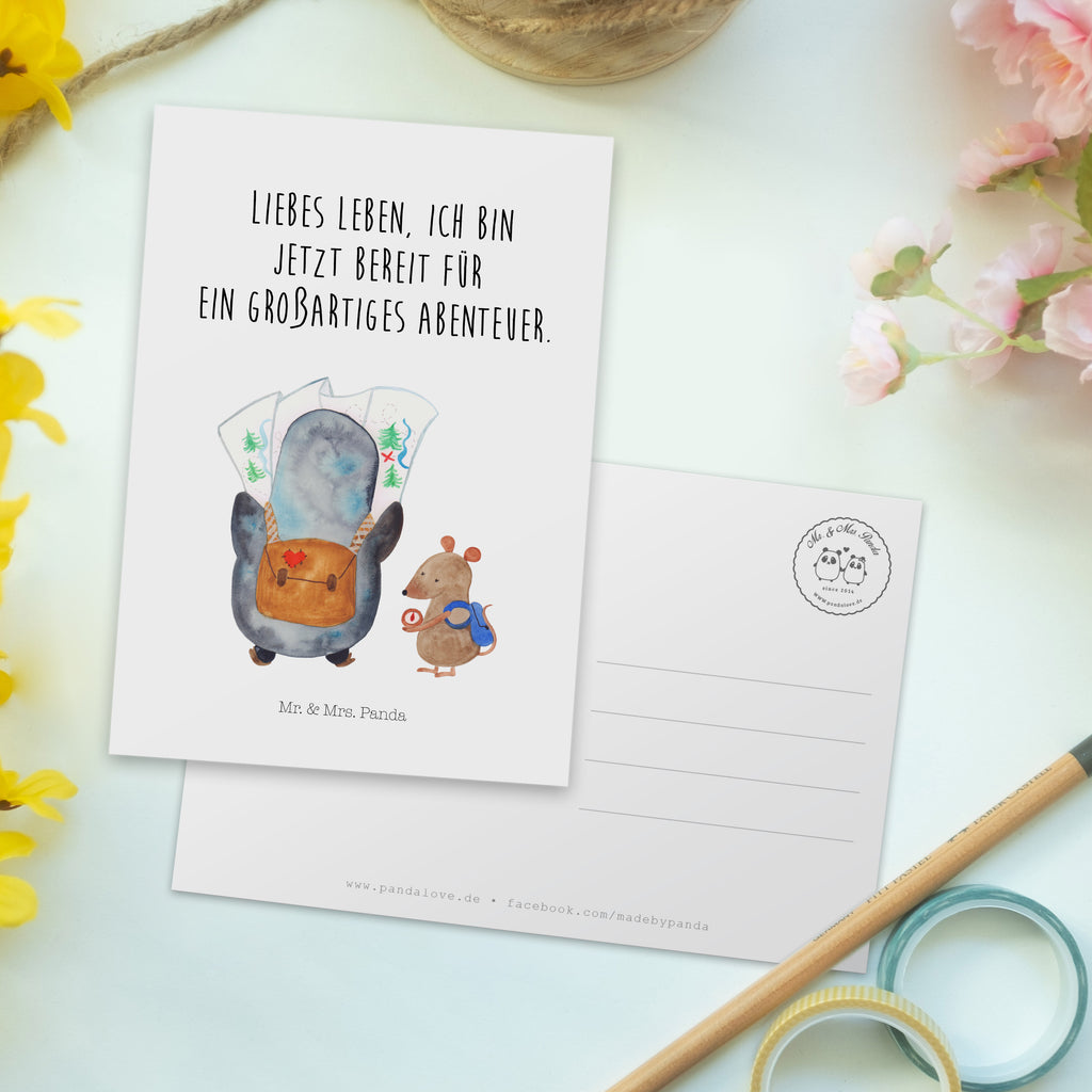 Postkarte Pinguin & Maus Wanderer Geschenkkarte, Grußkarte, Karte, Einladung, Ansichtskarte, Geburtstagskarte, Einladungskarte, Dankeskarte, Pinguin, Pinguine, Abenteurer, Abenteuer, Roadtrip, Ausflug, Wanderlust, wandern