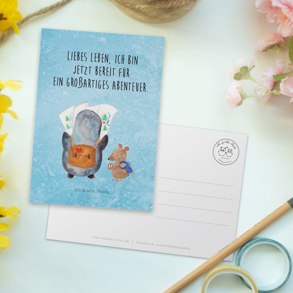 Postkarte Pinguin & Maus Wanderer Geschenkkarte, Grußkarte, Karte, Einladung, Ansichtskarte, Geburtstagskarte, Einladungskarte, Dankeskarte, Pinguin, Pinguine, Abenteurer, Abenteuer, Roadtrip, Ausflug, Wanderlust, wandern