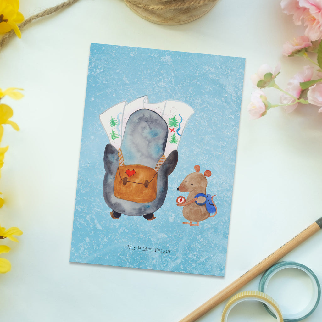 Postkarte Pinguin & Maus Wanderer Geschenkkarte, Grußkarte, Karte, Einladung, Ansichtskarte, Geburtstagskarte, Einladungskarte, Dankeskarte, Pinguin, Pinguine, Abenteurer, Abenteuer, Roadtrip, Ausflug, Wanderlust, wandern