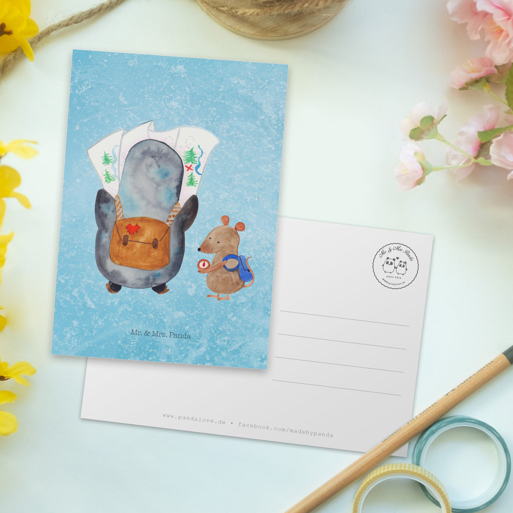 Postkarte Pinguin & Maus Wanderer Geschenkkarte, Grußkarte, Karte, Einladung, Ansichtskarte, Geburtstagskarte, Einladungskarte, Dankeskarte, Pinguin, Pinguine, Abenteurer, Abenteuer, Roadtrip, Ausflug, Wanderlust, wandern