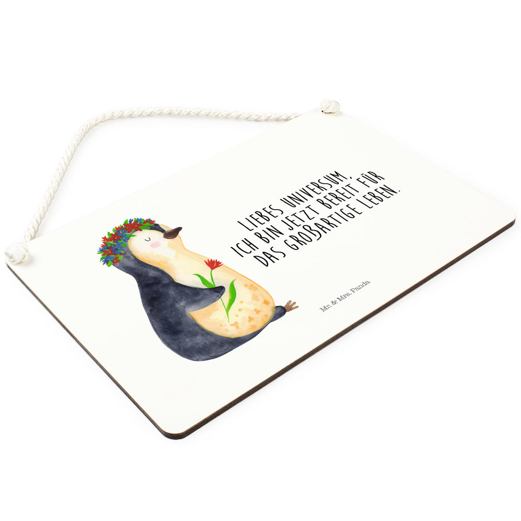 Deko Schild Pinguin Blumenkranz Pinguin, Pinguine, Blumenkranz, Universum, Leben, Wünsche, Ziele, Lebensziele, Motivation, Lebenslust, Liebeskummer, Geschenkidee	 Schild, Türschild, Holzschild, Wandschild, Wanddeko  Pinguin