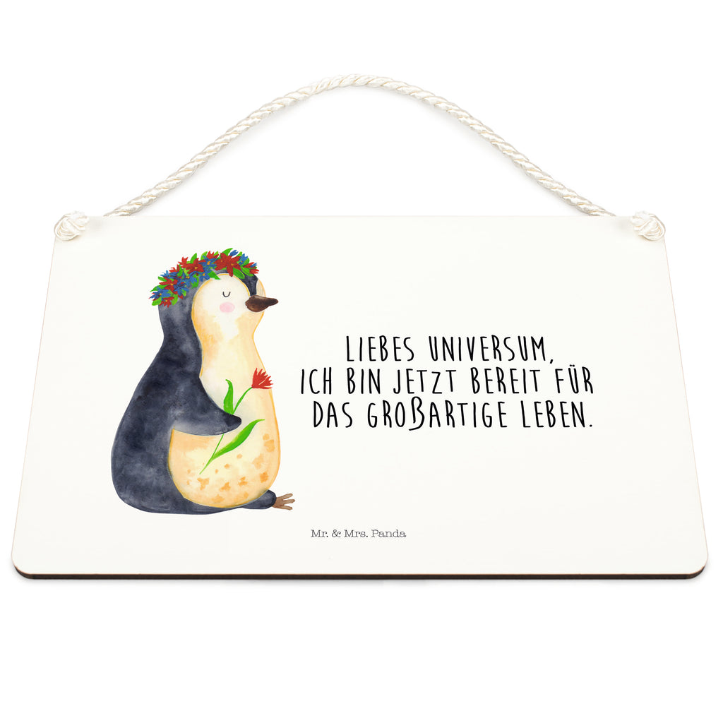 Deko Schild Pinguin Blumenkranz Pinguin, Pinguine, Blumenkranz, Universum, Leben, Wünsche, Ziele, Lebensziele, Motivation, Lebenslust, Liebeskummer, Geschenkidee	 Schild, Türschild, Holzschild, Wandschild, Wanddeko  Pinguin