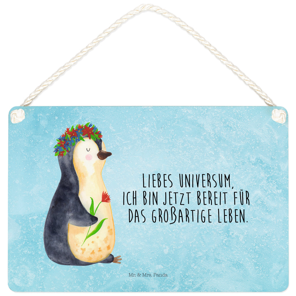 Deko Schild Pinguin Blumenkranz Pinguin, Pinguine, Blumenkranz, Universum, Leben, Wünsche, Ziele, Lebensziele, Motivation, Lebenslust, Liebeskummer, Geschenkidee	 Schild, Türschild, Holzschild, Wandschild, Wanddeko  Pinguin