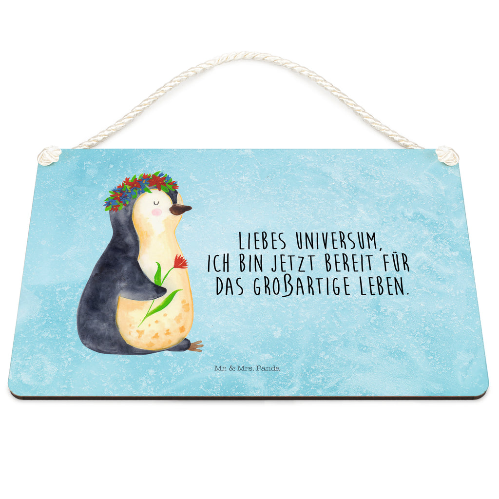 Deko Schild Pinguin Blumenkranz Pinguin, Pinguine, Blumenkranz, Universum, Leben, Wünsche, Ziele, Lebensziele, Motivation, Lebenslust, Liebeskummer, Geschenkidee	 Schild, Türschild, Holzschild, Wandschild, Wanddeko  Pinguin