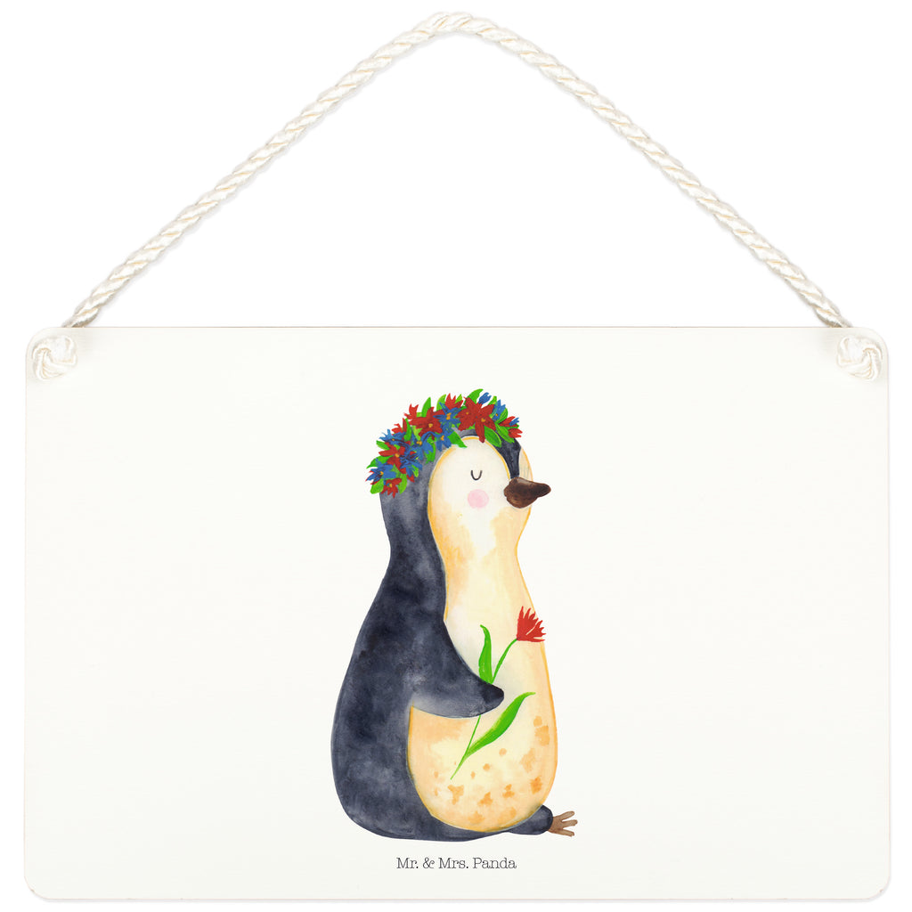 Deko Schild Pinguin Blumenkranz Pinguin, Pinguine, Blumenkranz, Universum, Leben, Wünsche, Ziele, Lebensziele, Motivation, Lebenslust, Liebeskummer, Geschenkidee	 Schild, Türschild, Holzschild, Wandschild, Wanddeko  Pinguin