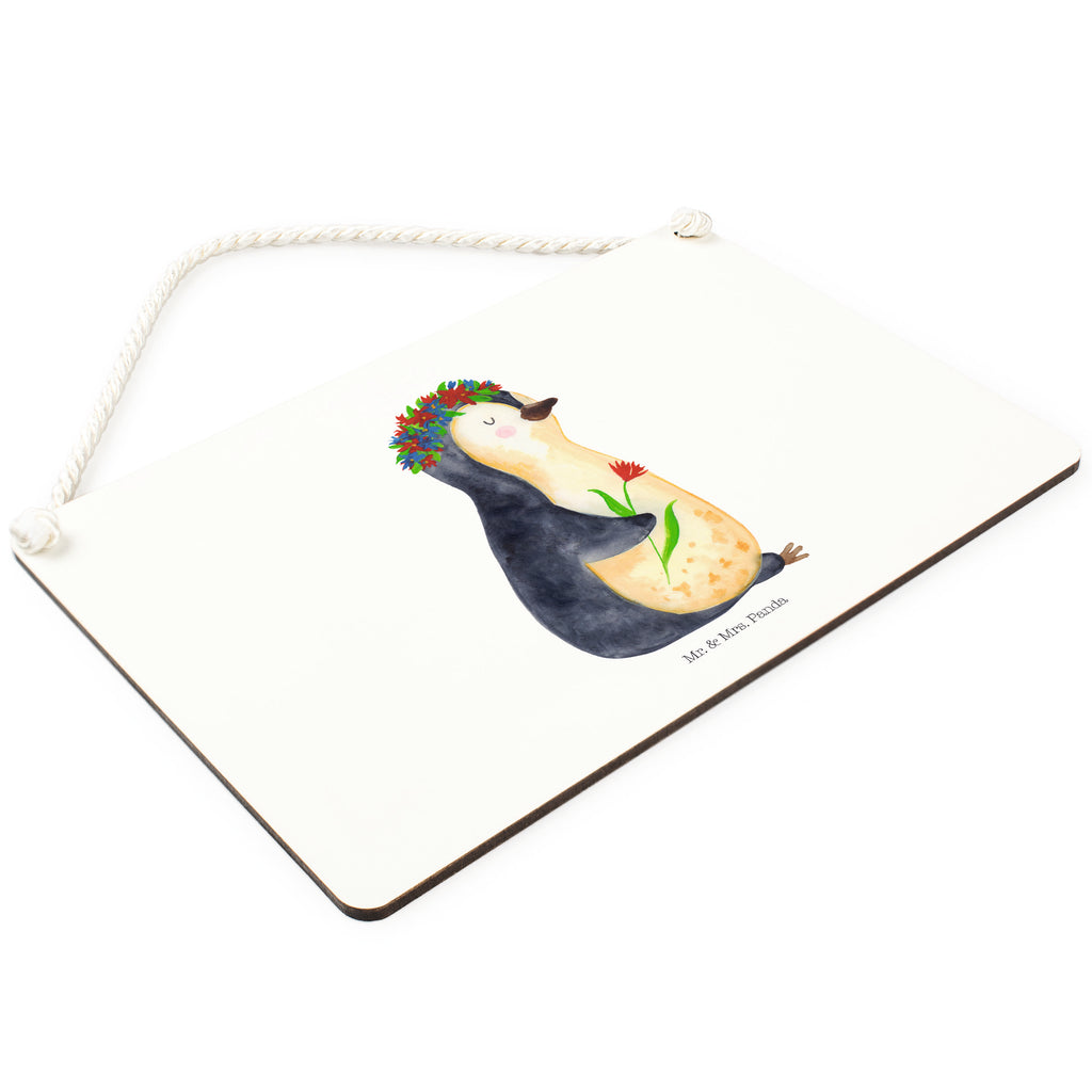 Deko Schild Pinguin Blumenkranz Pinguin, Pinguine, Blumenkranz, Universum, Leben, Wünsche, Ziele, Lebensziele, Motivation, Lebenslust, Liebeskummer, Geschenkidee	 Schild, Türschild, Holzschild, Wandschild, Wanddeko  Pinguin