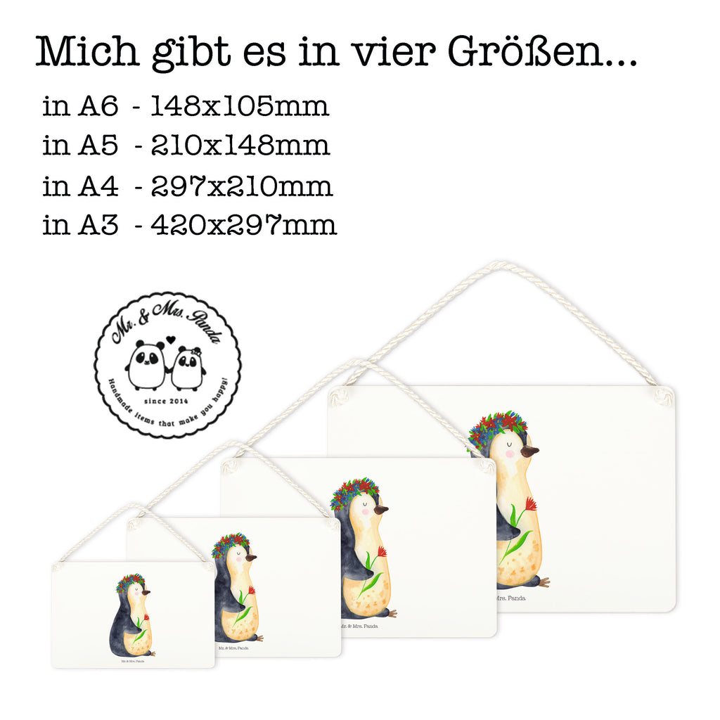 Deko Schild Pinguin Blumenkranz Pinguin, Pinguine, Blumenkranz, Universum, Leben, Wünsche, Ziele, Lebensziele, Motivation, Lebenslust, Liebeskummer, Geschenkidee	 Schild, Türschild, Holzschild, Wandschild, Wanddeko  Pinguin