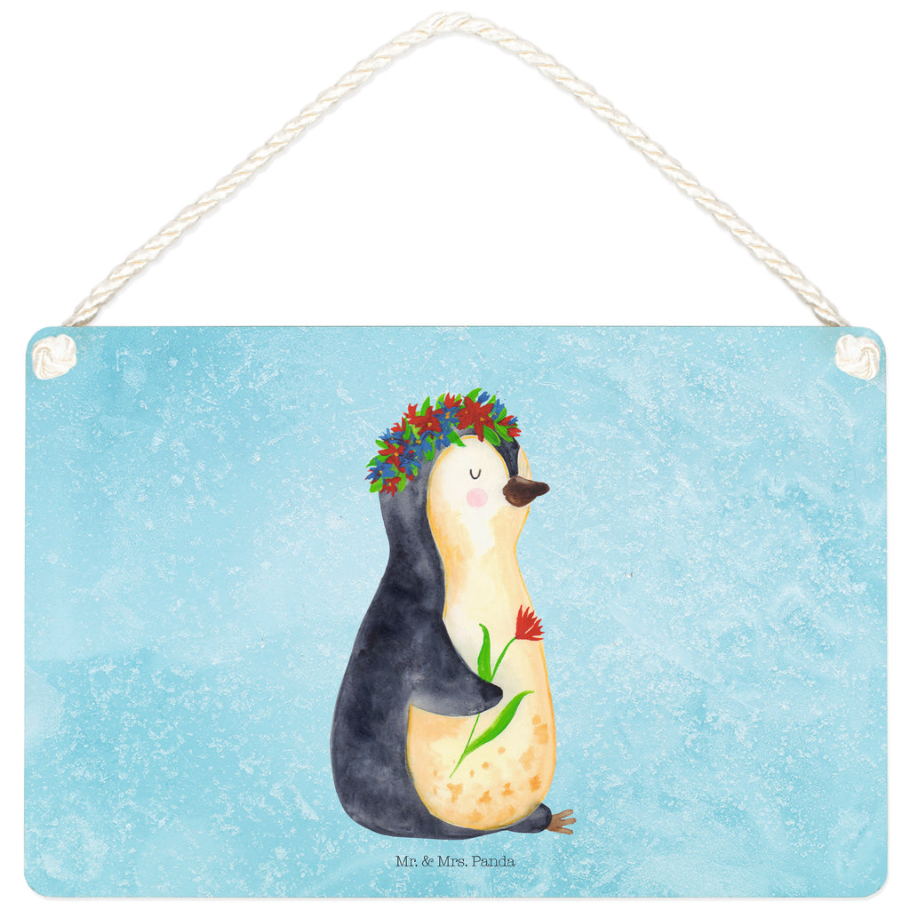 Deko Schild Pinguin Blumenkranz Pinguin, Pinguine, Blumenkranz, Universum, Leben, Wünsche, Ziele, Lebensziele, Motivation, Lebenslust, Liebeskummer, Geschenkidee	 Schild, Türschild, Holzschild, Wandschild, Wanddeko  Pinguin