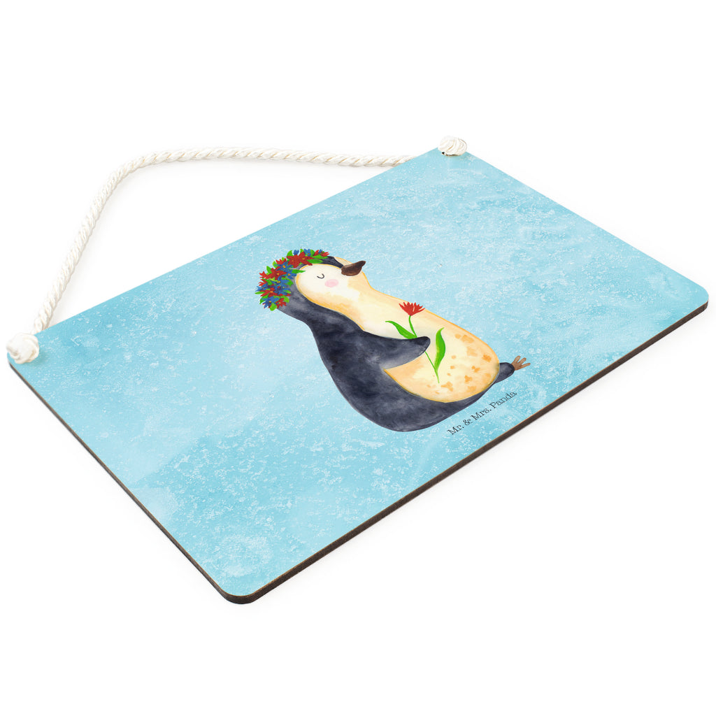 Deko Schild Pinguin Blumenkranz Pinguin, Pinguine, Blumenkranz, Universum, Leben, Wünsche, Ziele, Lebensziele, Motivation, Lebenslust, Liebeskummer, Geschenkidee	 Schild, Türschild, Holzschild, Wandschild, Wanddeko  Pinguin