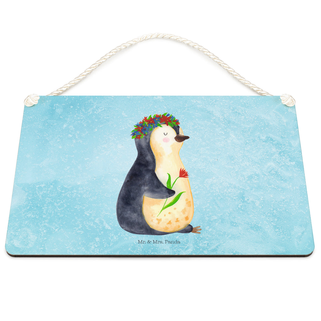 Deko Schild Pinguin Blumenkranz Pinguin, Pinguine, Blumenkranz, Universum, Leben, Wünsche, Ziele, Lebensziele, Motivation, Lebenslust, Liebeskummer, Geschenkidee	 Schild, Türschild, Holzschild, Wandschild, Wanddeko  Pinguin