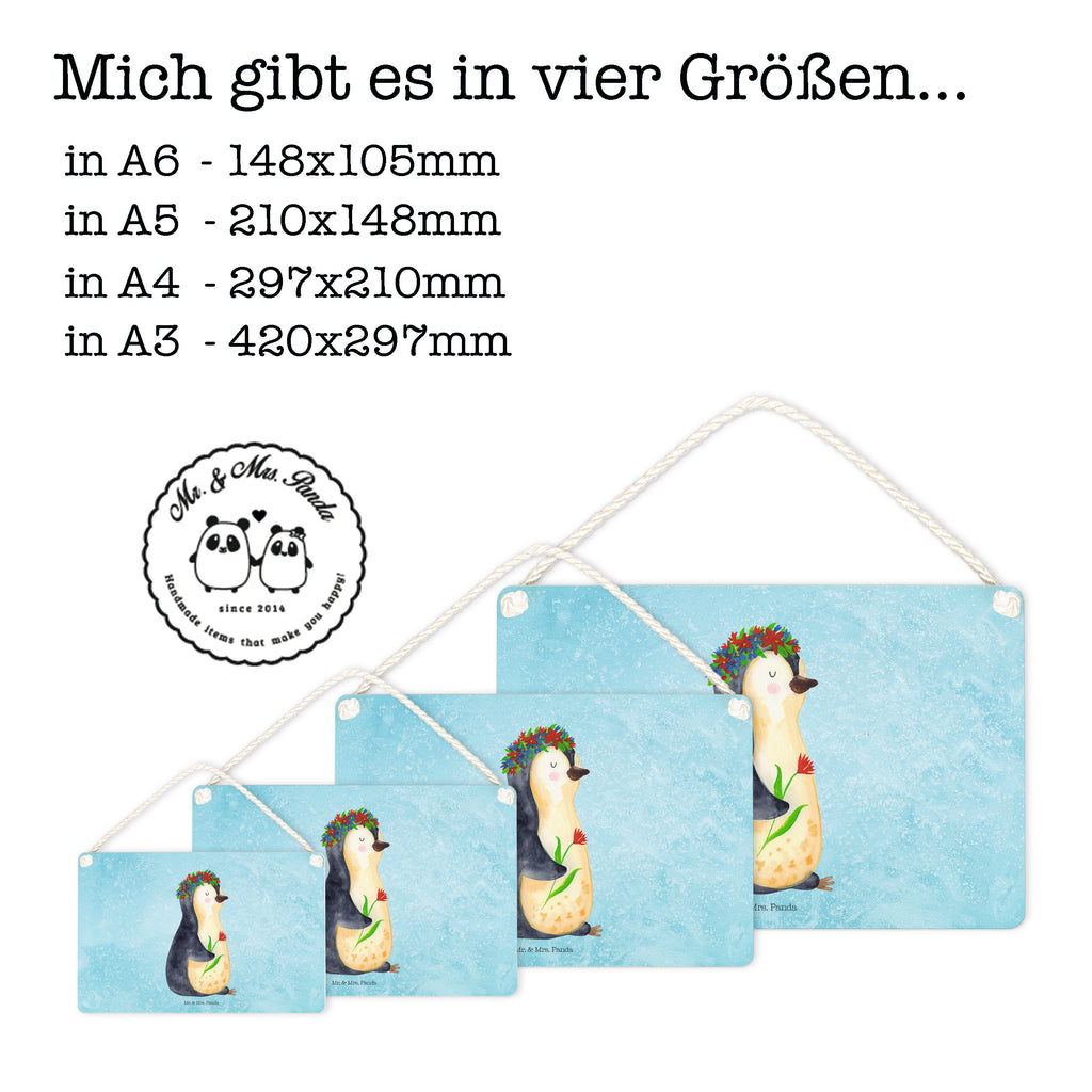 Deko Schild Pinguin Blumenkranz Pinguin, Pinguine, Blumenkranz, Universum, Leben, Wünsche, Ziele, Lebensziele, Motivation, Lebenslust, Liebeskummer, Geschenkidee	 Schild, Türschild, Holzschild, Wandschild, Wanddeko  Pinguin
