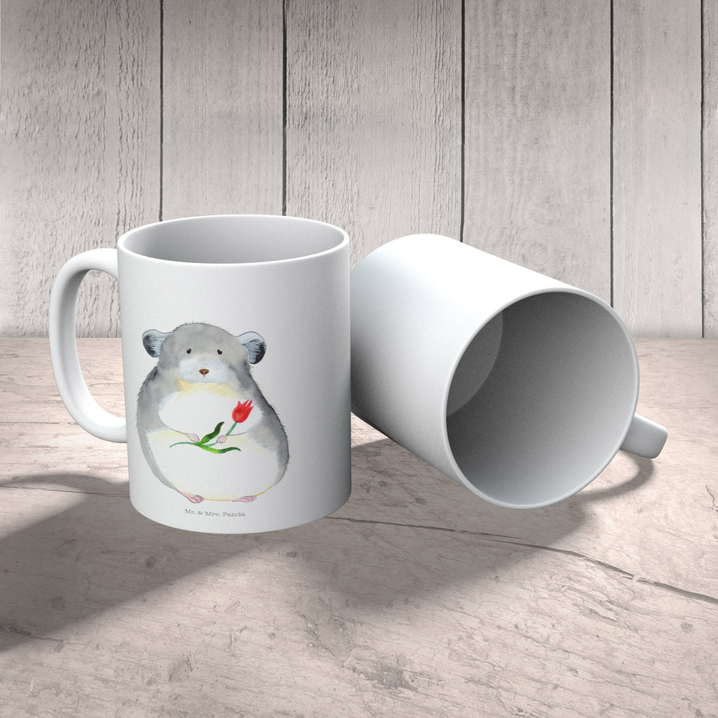 Tasse Chinchilla mit Blume Chinchilla, Chinchillas, Liebeskummer, Kummer, Depressionen, traurig sein, Chaos, Glücklichsein, Büro, Büroalltag Becher, Kaffeetasse, Kaffeebecher, Tee, Frühstück, Büro  süße Tiermotive, gute Laune, lustige Sprüche, Tiere