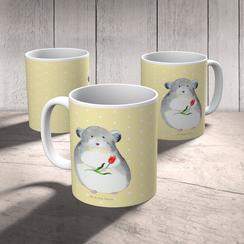 Tasse Chinchilla mit Blume Chinchilla, Chinchillas, Liebeskummer, Kummer, Depressionen, traurig sein, Chaos, Glücklichsein, Büro, Büroalltag Becher, Kaffeetasse, Kaffeebecher, Tee, Frühstück, Büro  süße Tiermotive, gute Laune, lustige Sprüche, Tiere