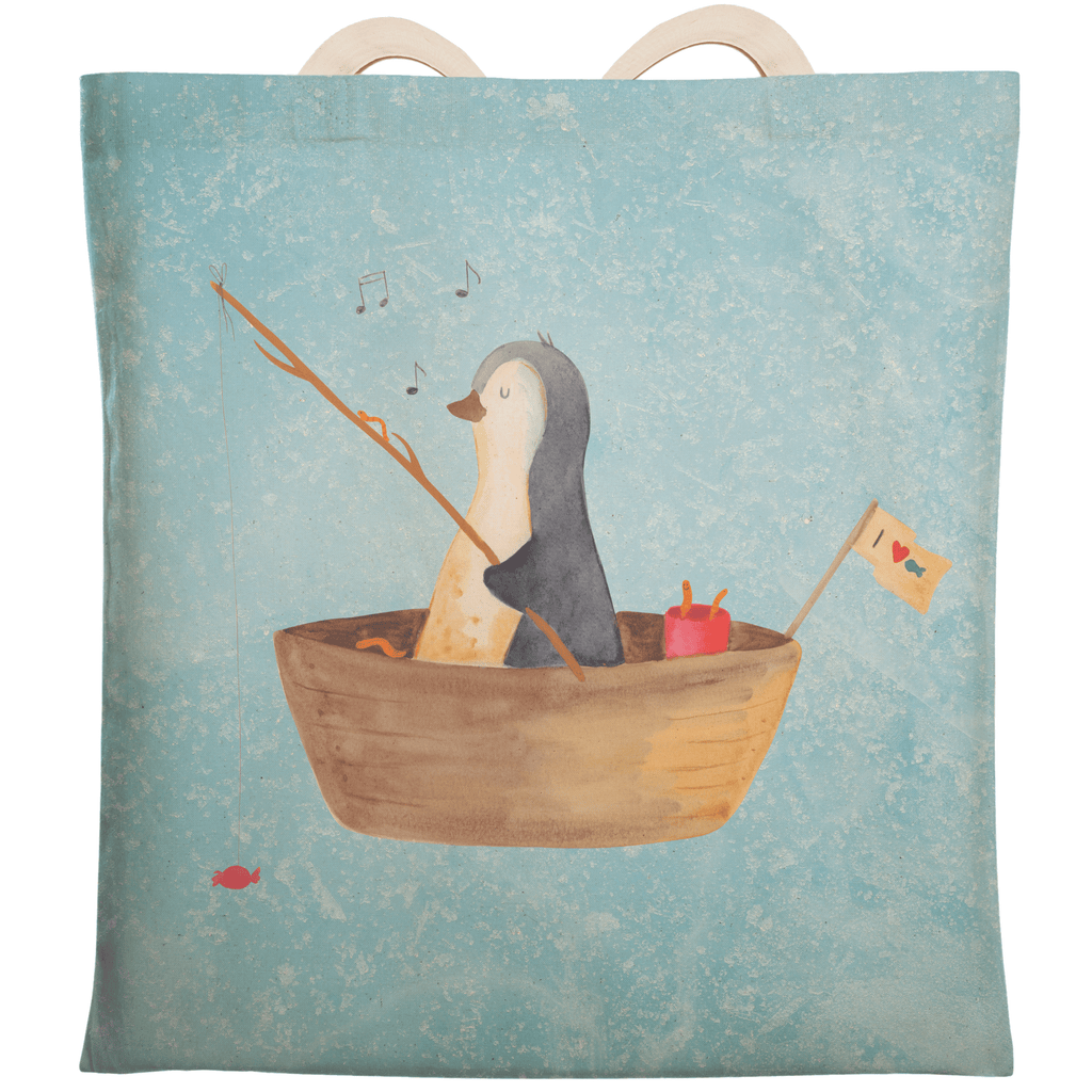 Einkaufstasche Pinguin Angelboot Tragetasche, Tasche, Beutel, Stofftasche, Baumwolltasche, Umhängetasche, Shopper, Pinguin, Pinguine, Angeln, Boot, Angelboot, Lebenslust, Leben, genießen, Motivation, Neustart, Neuanfang, Trennung, Scheidung, Geschenkidee Liebeskummer