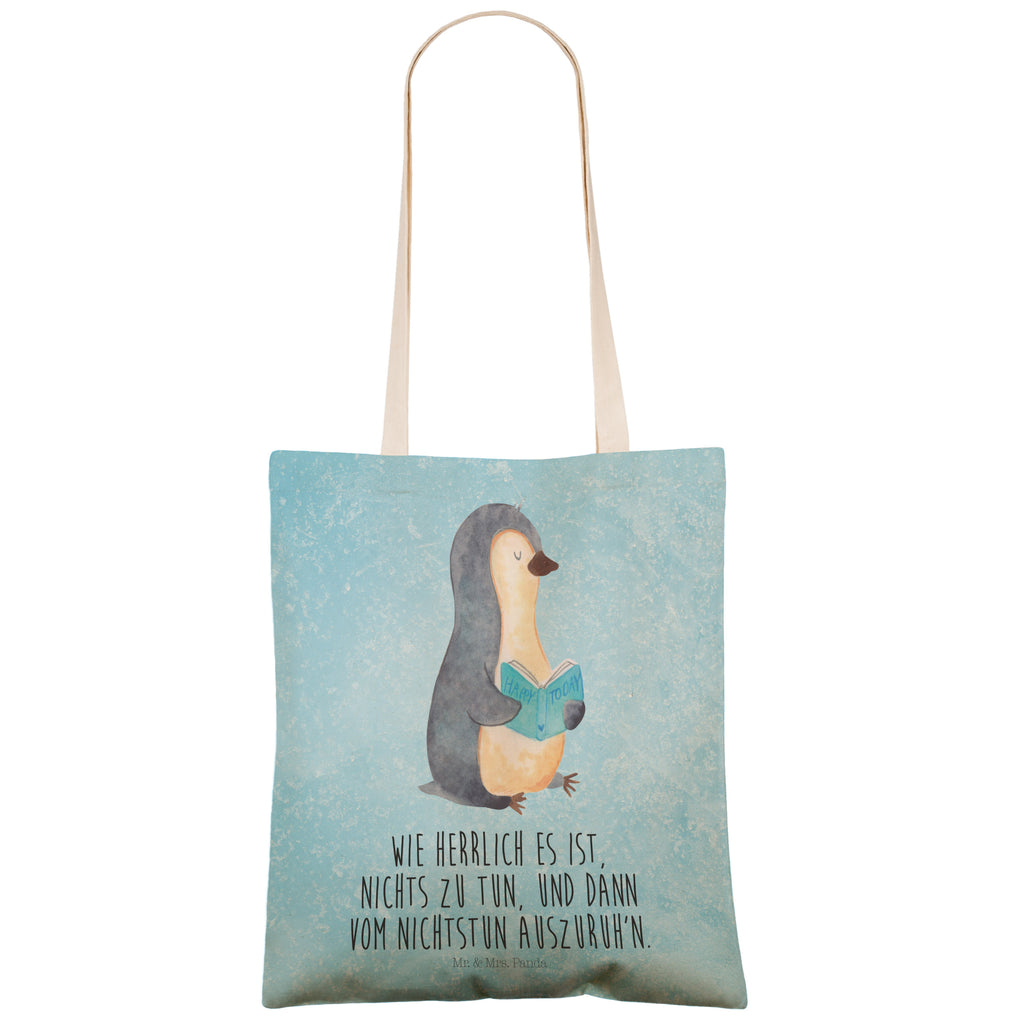 Einkaufstasche Pinguin Buch Tragetasche, Tasche, Beutel, Stofftasche, Baumwolltasche, Umhängetasche, Shopper, Pinguin, Pinguine, Buch, Lesen, Bücherwurm, Nichtstun, Faulenzen, Ferien, Urlaub, Freizeit