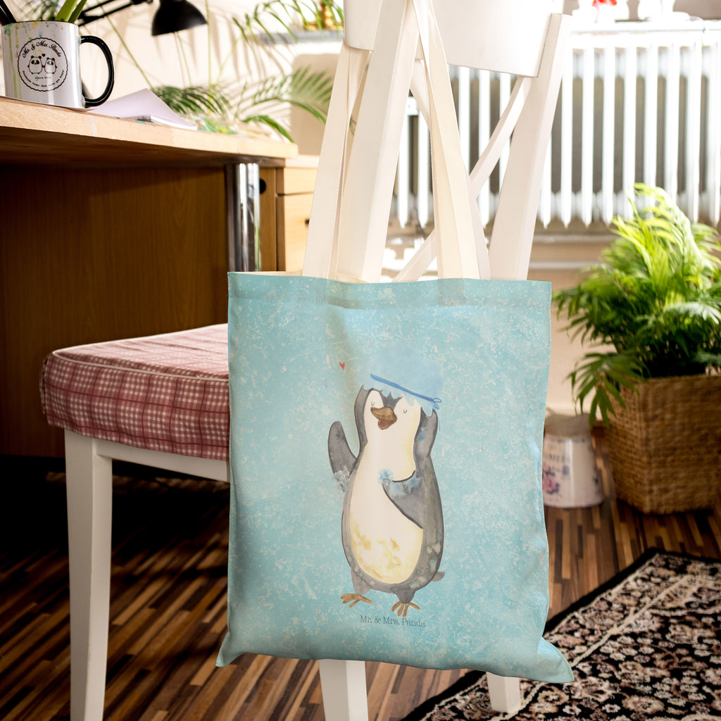 Einkaufstasche Pinguin duscht Pinguin, Pinguine, Dusche, duschen, Lebensmotto, Motivation, Neustart, Neuanfang, glücklich sein,  Tragetasche, Tasche, Beutel, Stofftasche, Baumwolltasche,  Umhängetasche,  Shopper  Pinguin