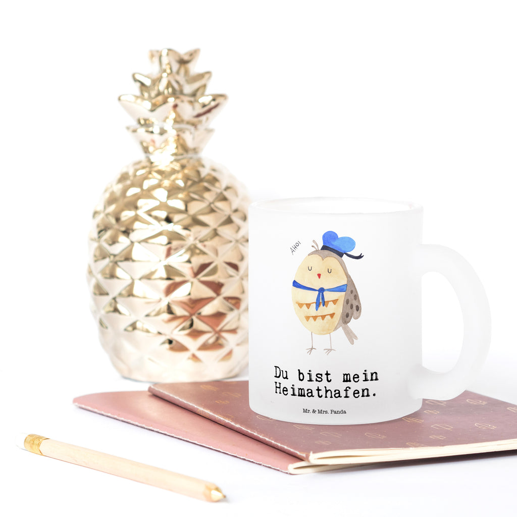 Glas Teetasse Eule Matrosen Eule Spruch, Eule Deko, Owl, Wortspiel lustig, Matrose, Freundin, Ehe, Seefahrer, Heimathafen, Hochzeitstag Geschenk   Teetasse, Teeglas, Teebecher, Tasse mit Henkel, Tasse  Eule