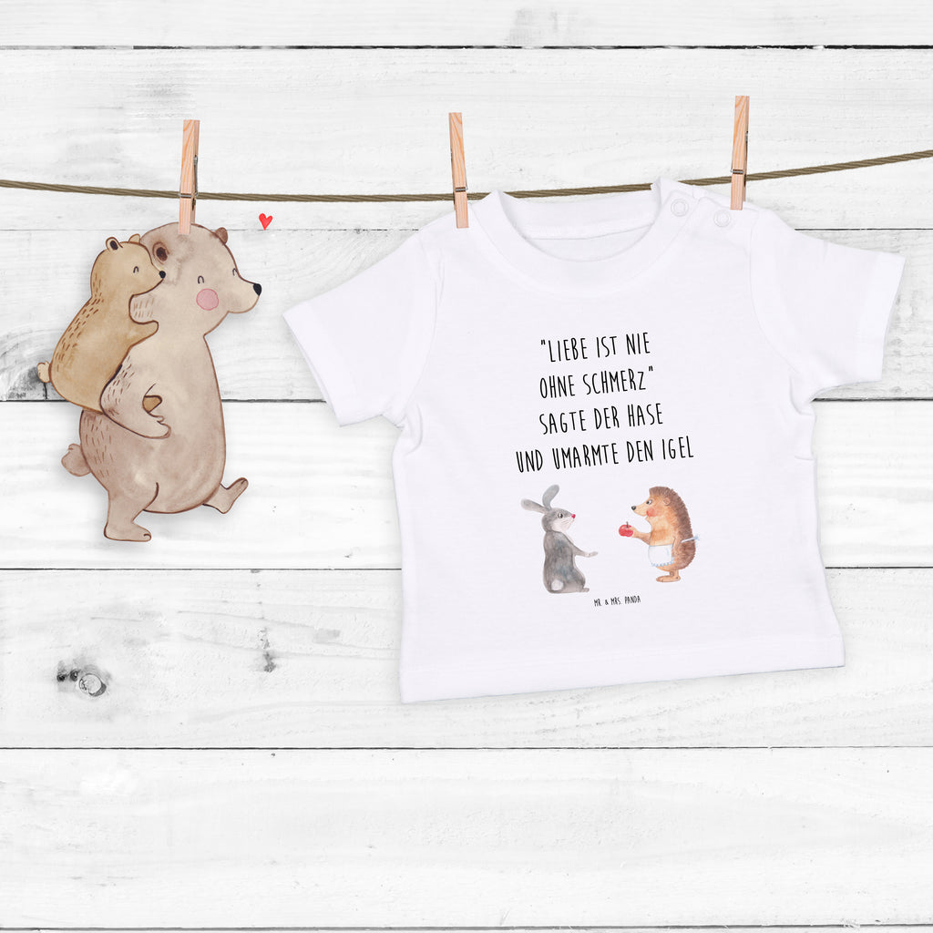 Baby T-Shirt Liebe ist nie ohne Schmerz Igel und Hase, Igel, Hase, Liebe Spruch, Liebeskummer Geschenk, Herzschmerz, Trösten, Trennungsschmerz, Spruch romantisch Mädchen,Jungen,Unisex,Motiv,Baby T-Shirt,Kurzarm  süße Tiermotive, gute Laune, lustige Sprüche, Tiere