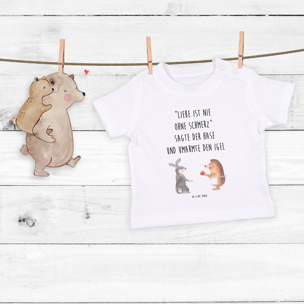 Baby T-Shirt Liebe ist nie ohne Schmerz Igel und Hase, Igel, Hase, Liebe Spruch, Liebeskummer Geschenk, Herzschmerz, Trösten, Trennungsschmerz, Spruch romantisch Mädchen,Jungen,Unisex,Motiv,Baby T-Shirt,Kurzarm  süße Tiermotive, gute Laune, lustige Sprüche, Tiere