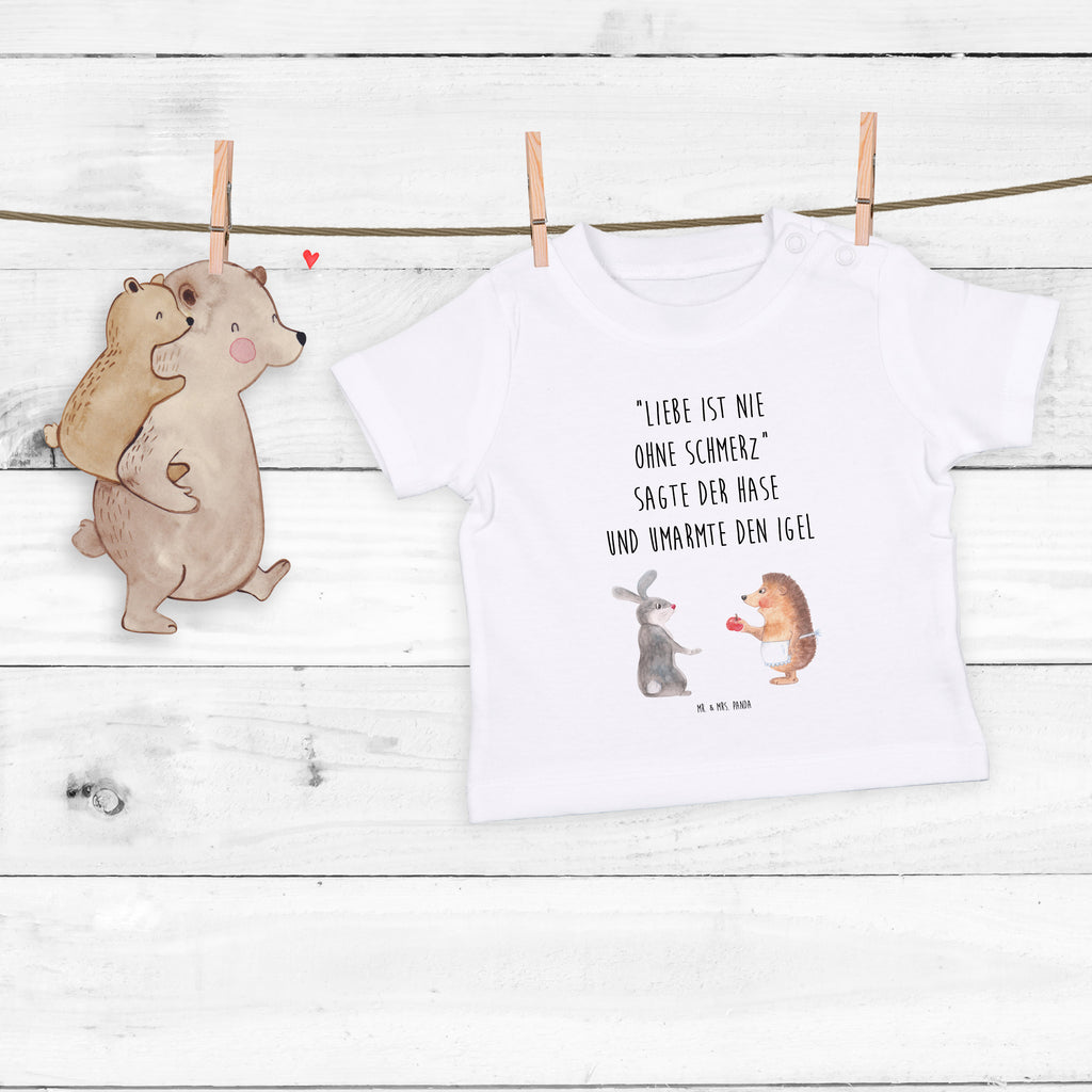 Baby T-Shirt Liebe ist nie ohne Schmerz Igel und Hase, Igel, Hase, Liebe Spruch, Liebeskummer Geschenk, Herzschmerz, Trösten, Trennungsschmerz, Spruch romantisch Mädchen,Jungen,Unisex,Motiv,Baby T-Shirt,Kurzarm  süße Tiermotive, gute Laune, lustige Sprüche, Tiere