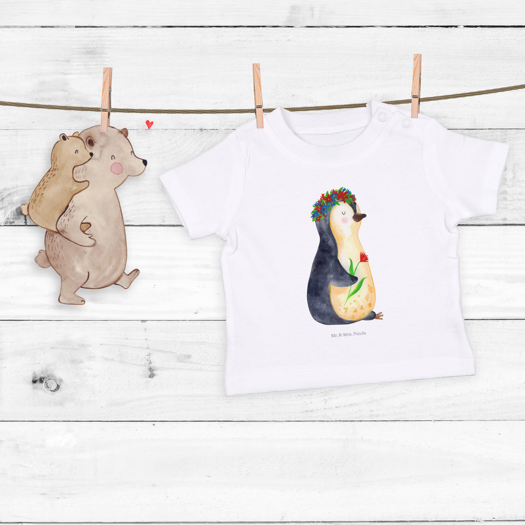 Baby T-Shirt Pinguin Blumenkranz Pinguin, Pinguine, Blumenkranz, Universum, Leben, Wünsche, Ziele, Lebensziele, Motivation, Lebenslust, Liebeskummer, Geschenkidee	 Mädchen,Jungen,Unisex,Motiv,Baby T-Shirt,Kurzarm  Pinguin