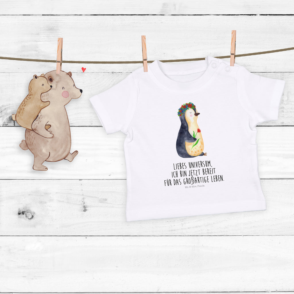 Baby T-Shirt Pinguin Blumenkranz Pinguin, Pinguine, Blumenkranz, Universum, Leben, Wünsche, Ziele, Lebensziele, Motivation, Lebenslust, Liebeskummer, Geschenkidee	 Mädchen,Jungen,Unisex,Motiv,Baby T-Shirt,Kurzarm  Pinguin