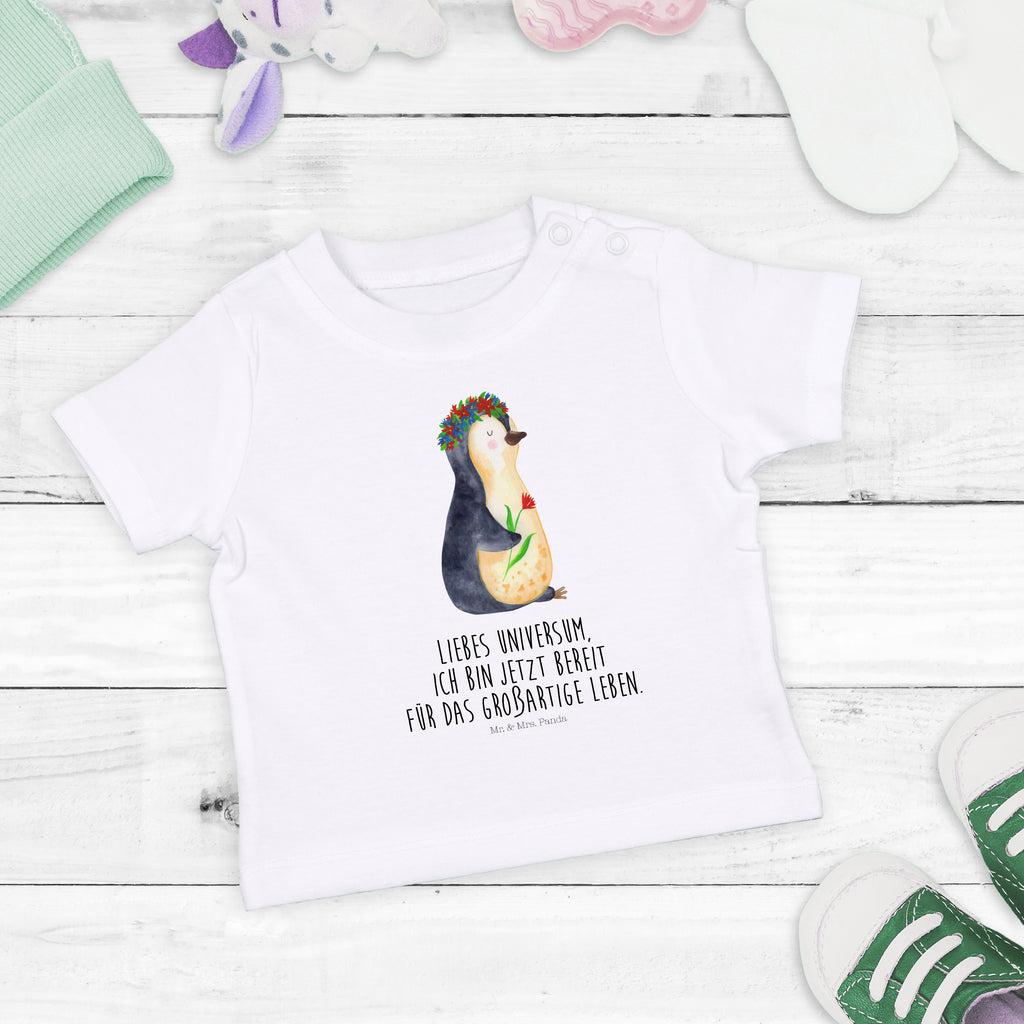 Baby T-Shirt Pinguin Blumenkranz Pinguin, Pinguine, Blumenkranz, Universum, Leben, Wünsche, Ziele, Lebensziele, Motivation, Lebenslust, Liebeskummer, Geschenkidee	 Mädchen,Jungen,Unisex,Motiv,Baby T-Shirt,Kurzarm  Pinguin