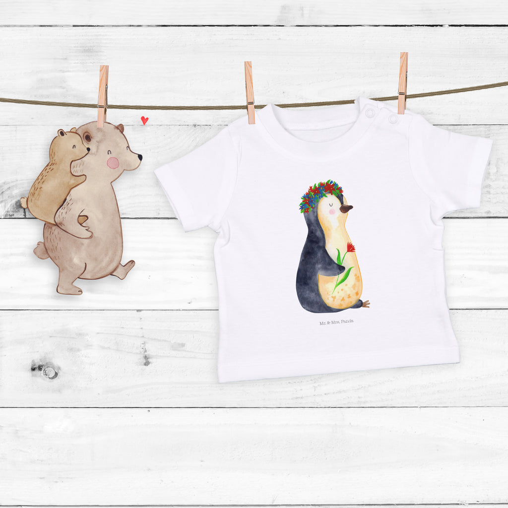 Baby T-Shirt Pinguin Blumenkranz Pinguin, Pinguine, Blumenkranz, Universum, Leben, Wünsche, Ziele, Lebensziele, Motivation, Lebenslust, Liebeskummer, Geschenkidee	 Mädchen,Jungen,Unisex,Motiv,Baby T-Shirt,Kurzarm  Pinguin