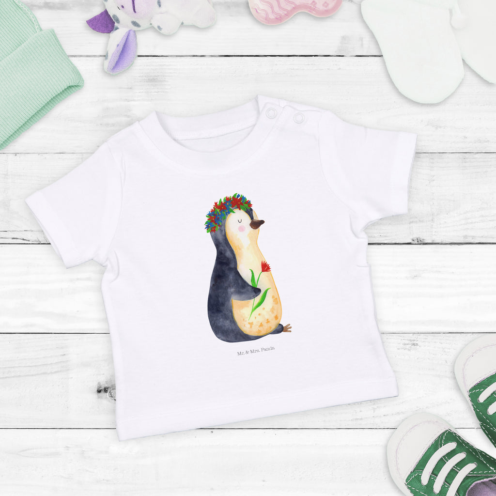 Baby T-Shirt Pinguin Blumenkranz Pinguin, Pinguine, Blumenkranz, Universum, Leben, Wünsche, Ziele, Lebensziele, Motivation, Lebenslust, Liebeskummer, Geschenkidee	 Mädchen,Jungen,Unisex,Motiv,Baby T-Shirt,Kurzarm  Pinguin
