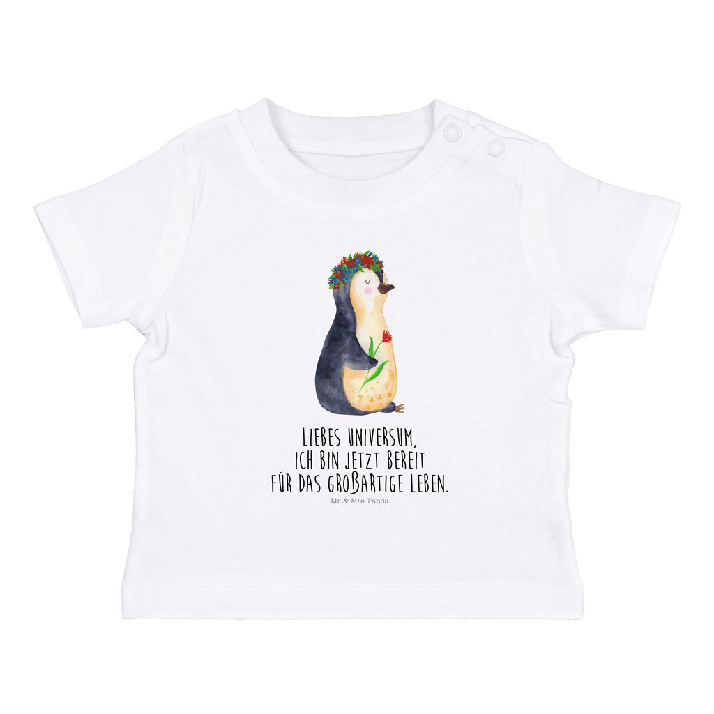 Baby T-Shirt Pinguin Blumenkranz Pinguin, Pinguine, Blumenkranz, Universum, Leben, Wünsche, Ziele, Lebensziele, Motivation, Lebenslust, Liebeskummer, Geschenkidee	 Mädchen,Jungen,Unisex,Motiv,Baby T-Shirt,Kurzarm  Pinguin