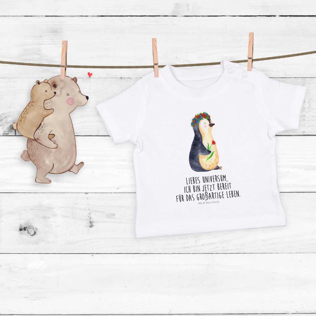 Baby T-Shirt Pinguin Blumenkranz Pinguin, Pinguine, Blumenkranz, Universum, Leben, Wünsche, Ziele, Lebensziele, Motivation, Lebenslust, Liebeskummer, Geschenkidee	 Mädchen,Jungen,Unisex,Motiv,Baby T-Shirt,Kurzarm  Pinguin