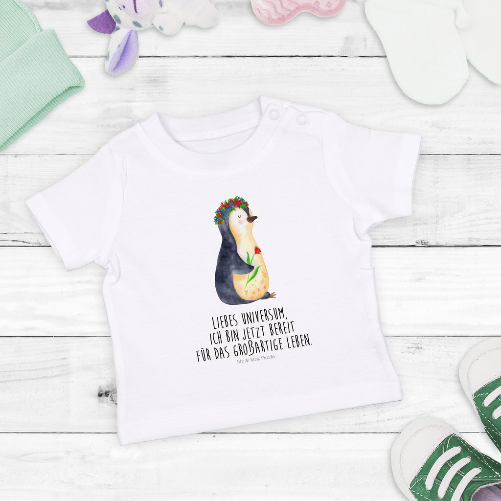 Baby T-Shirt Pinguin Blumenkranz Pinguin, Pinguine, Blumenkranz, Universum, Leben, Wünsche, Ziele, Lebensziele, Motivation, Lebenslust, Liebeskummer, Geschenkidee	 Mädchen,Jungen,Unisex,Motiv,Baby T-Shirt,Kurzarm  Pinguin